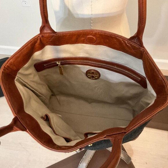 TORY BURCH charcoal grey Wool and brown Leather Tote & Shoulder Bag EUC - Picture 4 of 4